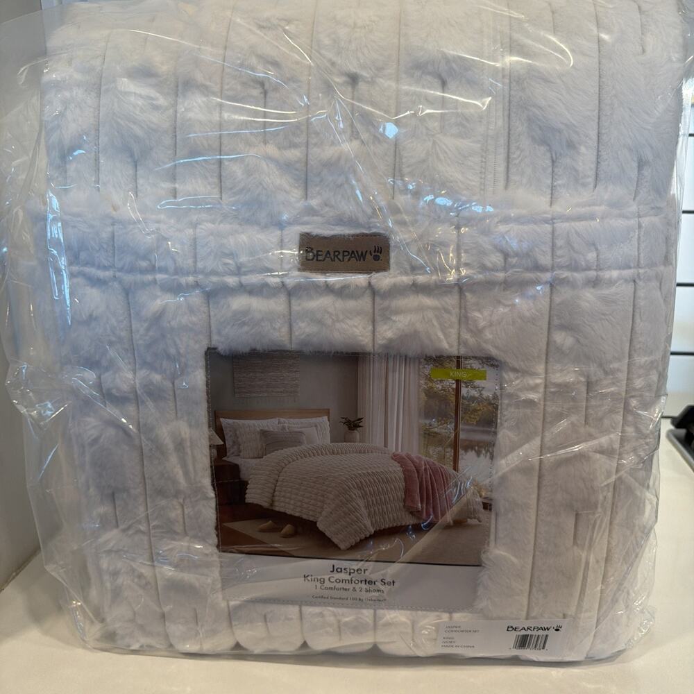 BearPaw Jasper King Comforter Set NEW Ivory Faux Fur Puff Comforter And Sham Set